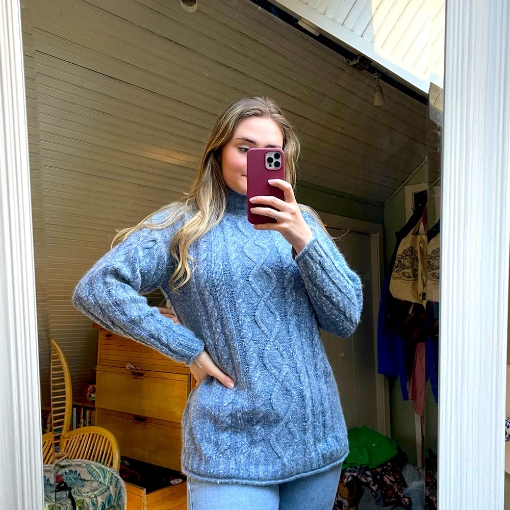 Vintage British Holmewood Angora Wool Blue Cable Knit Sweater